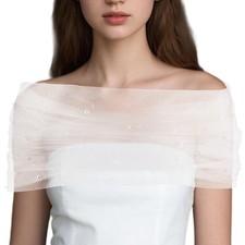 Pearl Tulle Bridal Shawl, Elegant White Sheer Capes Detachable Medium,