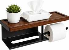 Black Toilet Paper Holder with Shelf, 14.17" Solid Wood Self Adhesive Toilet