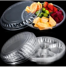 12 Pack 10 Inch Round Plastic Veggie / Fruit Tray & Lid, 6 Divided Compartments