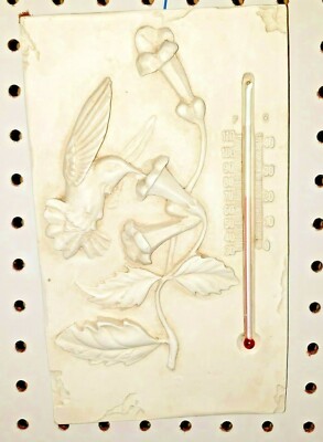 Aged Plaster Thermometer with Hummingbird and Nectar Flowers 