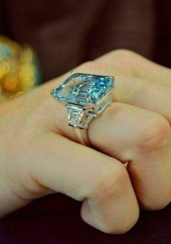 4,03Ct Smaragdschliff Simulierte Aquamarin Drei Stein Ring 14K Weißgold Finish - Bild 4 von 4