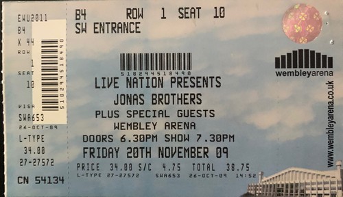 JONAS BROTHERS *USED CONCERT TICKET* WEMBLEY ARENA, 20/11/2009 IN GOOD CONDITION