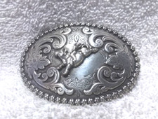 Nocona Silver Bull Rider Small Belt Buckle Rope Edge Flower Filigree Vintage 2