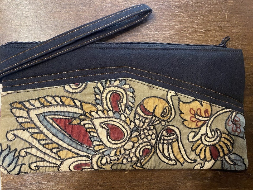 Blue - Handpainted Kalamkari Natural Dyed Ghicha Silk Clutch / Wallet 33