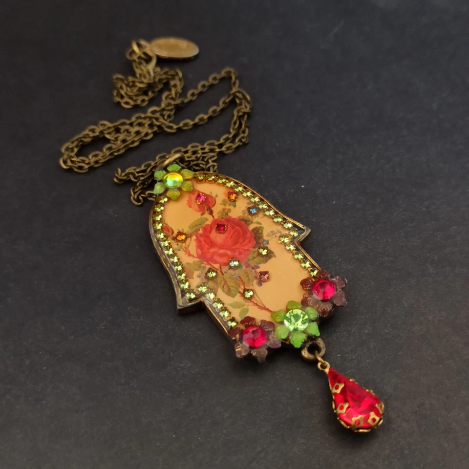 Collar Michal Negrin Hamsa Mano Grande de Fátima Rosas Rojas Cristales De Colección 19" Foto 2 de 4