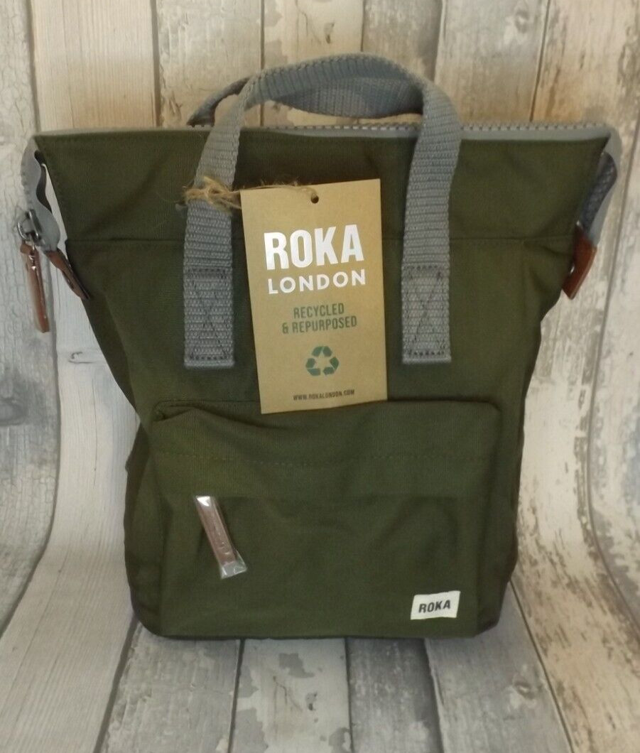 Bolso Mochila Roka London Bantry B Pequeño Musgo Lona Reciclada. Nuevo con etiquetas.
