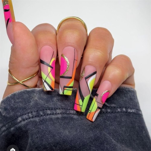 Manicura con brillo geométrico bloque de color uñas postizas prensadas ataúd largo 24 un. - Imagen 2 de 7