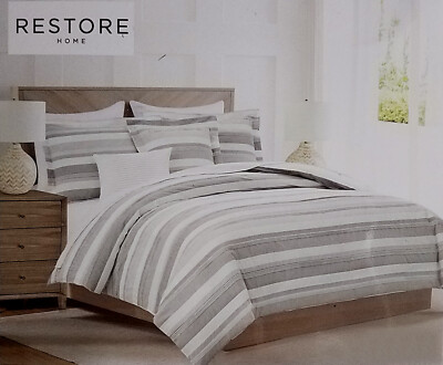 Restore Home 100% Cotton Gray Taupe White Pleats 3Pc Queen King Duvet Cover Set
