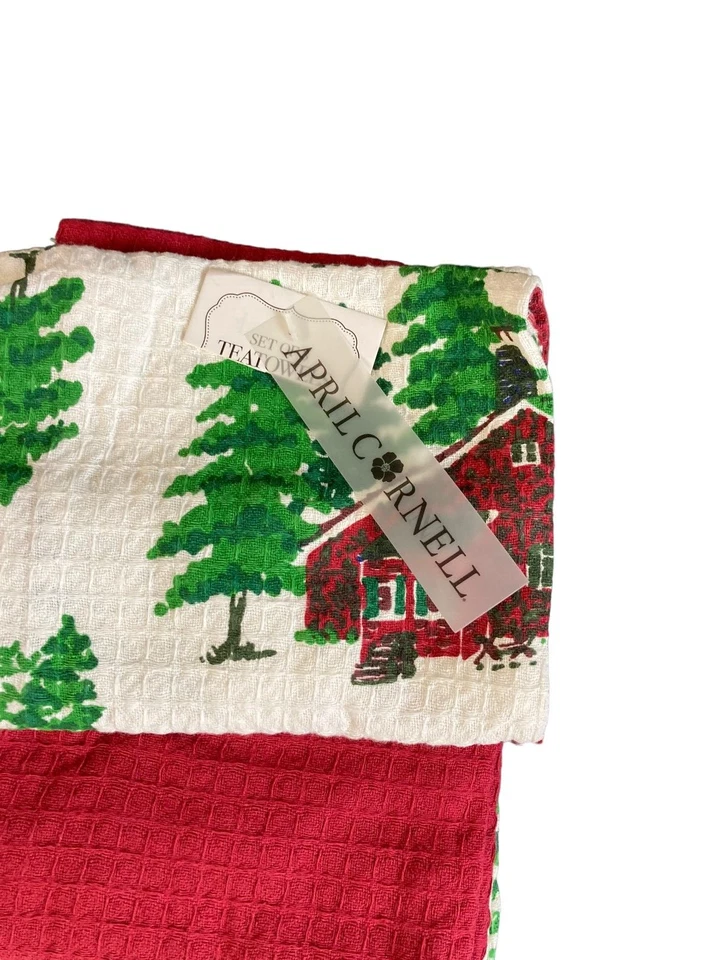 April Cornell Set of 3 Tea Towels Pine Trees Cabin Red 100% Cotton 19x27" NEW - Image 3 of 3