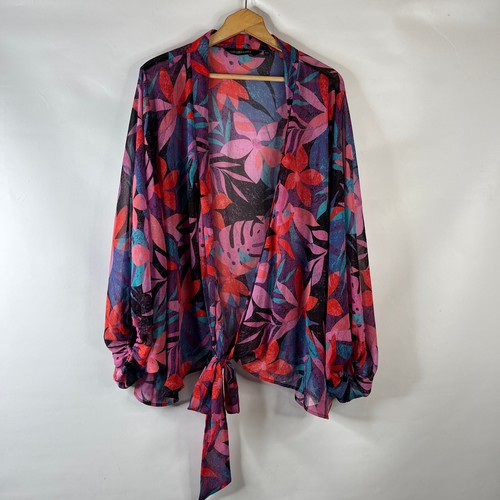 Colleen Lopez Womens Blouse Topper Size 2X Sheer Multicolor Floral Tie Front - Picture 2 of 10