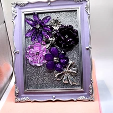 Mixed Media Jewelry Art Purple Lavendar Bouquet Framed Medium Signed OOAK    