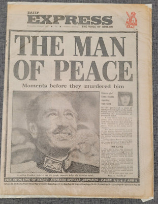 DAILY EXPRESS PRÄSIDENT SADAT AUS ÄGYPTEN VOR MORD 7. OKTOBER 1981 ZEITUNG