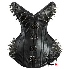 Punk Women Spiked Corset Real Black Leather Overbust Steel Boned Bondage Corset