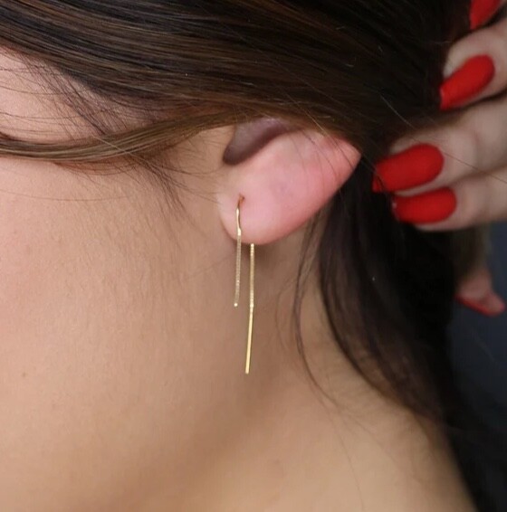 14k Solid Gold Box Chain Threader Earring -Single… - image 1