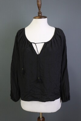 SEZANE FAIT AVEC AMOUR Black Silk Lace Up Long Sleeve Top Blouse Shirt Size 38
