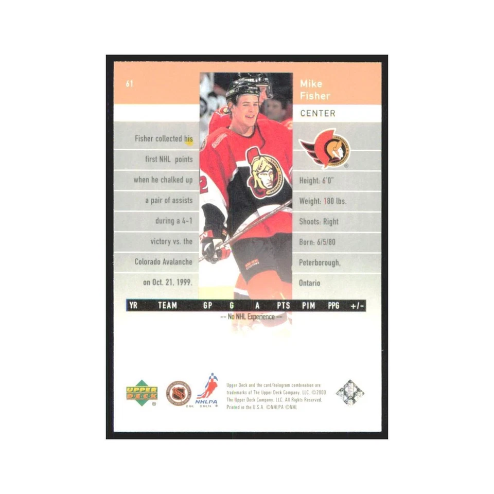 Mike Fisher Rookie 1999 Upper Deck Black Diamond #61 Ottawa Senators NM - Image 2 of 3