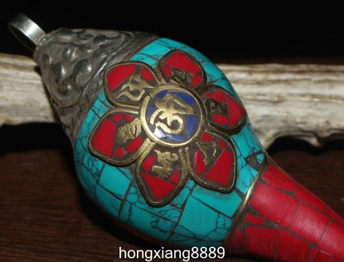 3.5" Tíbet Bronce Incrustación Gema Turquesa Fengshui 6 Palabras Mantra Caracola Cuerno - Imagen 2 de 9