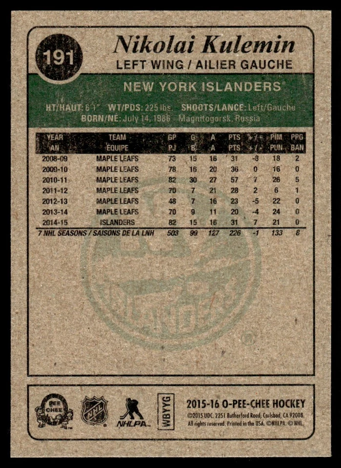 2015-16 O-Pee-Chee Retro Nikolai Kulemin New York Islanders #191 - Image 2 of 2