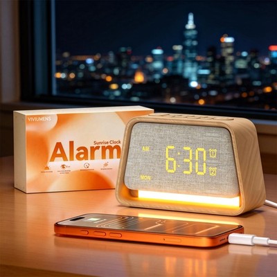 Dual Alarm Clock Wooden 20 White Noise Sound Machine Gentle Wake Up Light for...