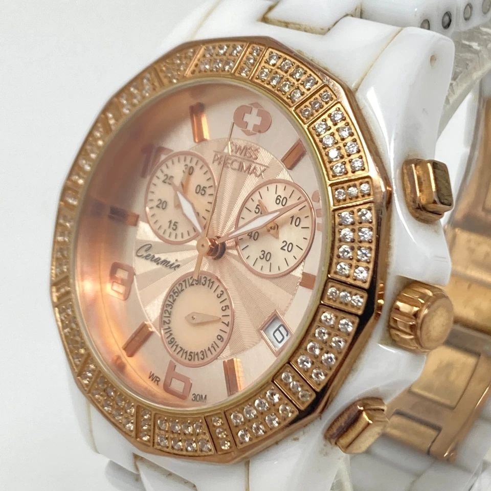 Swiss Precimax Chronograph Watch Women 38mm Rose Gold Tone Ceramic New Batt 6.5" - Image 4 of 4