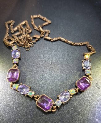 Vintage AVON signed N.R. copper link necklace w/purple/lilac rhinestones