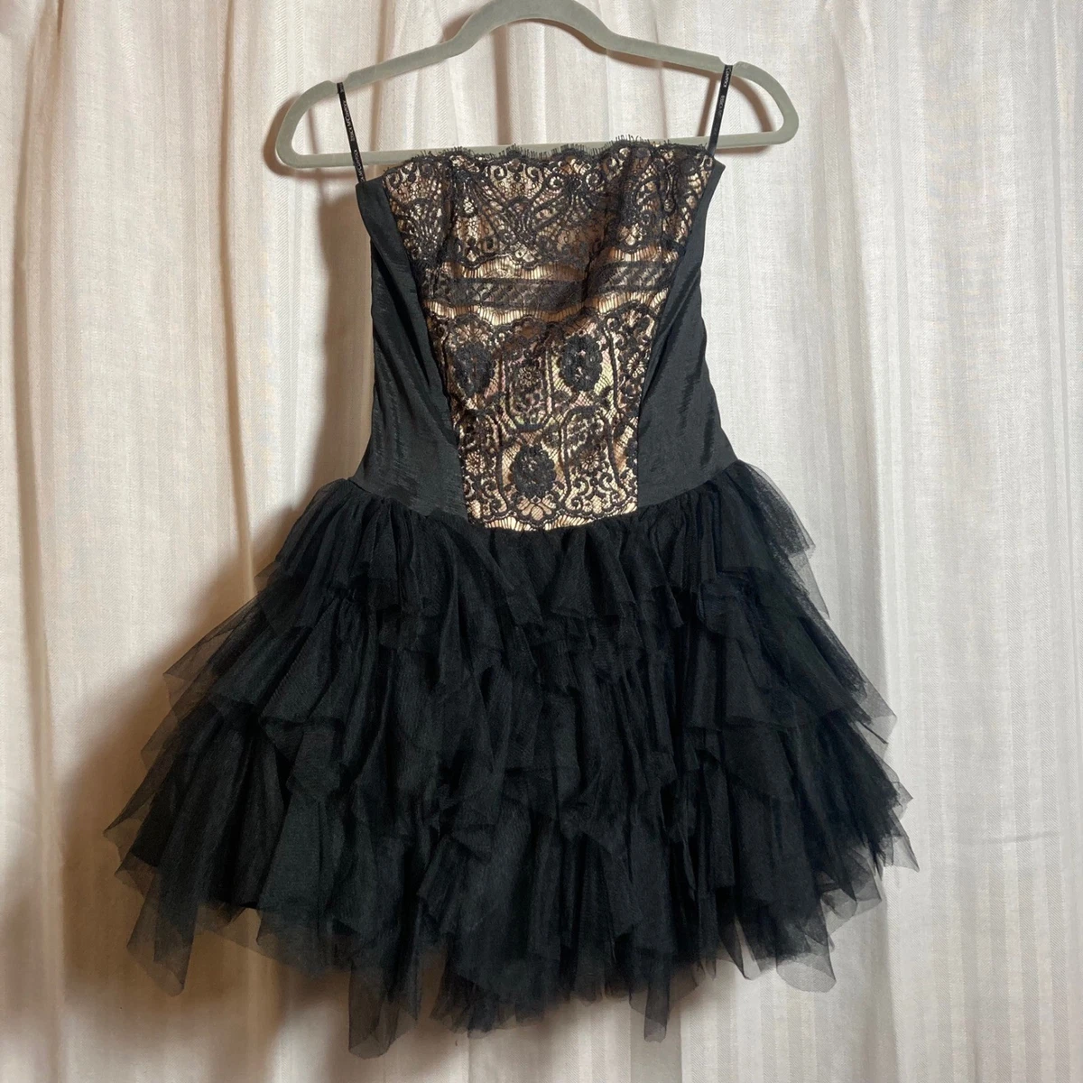 jessica mcclintock black lace dress Vintage Gunne Sax Jessica McClintock Black Lace Strapless Tea Length Dress