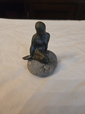 VINTAGE METAL MERMAID ON ROCK FIGURINE 2.75 X 3 INCHES TALL