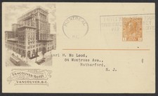 1924 CPR 81B 1c Admiral Sepia View Card Vancouver Hotel Earnings to USA