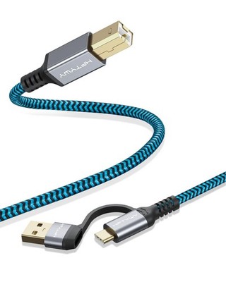 Hftywy Printer Cable 6.6 FT, 2-in-1 Type C and USB A to B 6.6ft