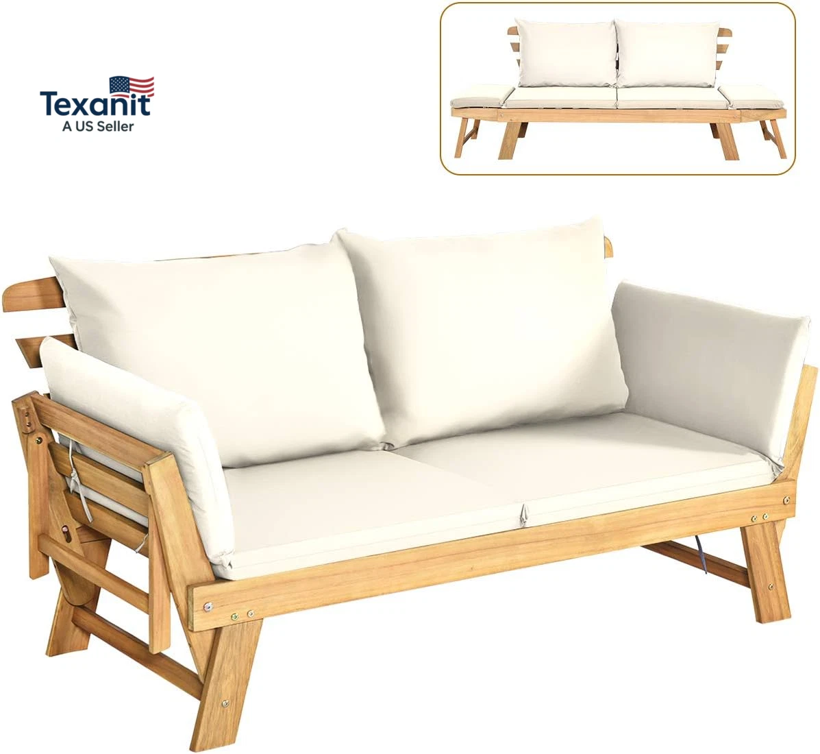 Convertible Acacia Wood Patio Couch Sofa Bed with Adjustable Armrest, Outdoor Da