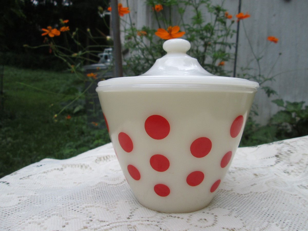 Vintage Fire King Red Polka Dot Grease Jar with Lid Milk Glass