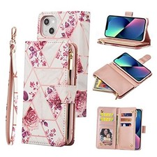 Wallet Case for iPhone 15, PU Leather Case iPhone 15 6.1 inch Pink Flower
