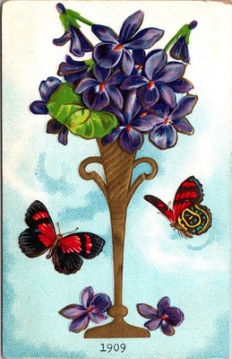 ユーフラジー様へ New Years 1909 Violet Flowers in Vase w Butterflies Embossed DB