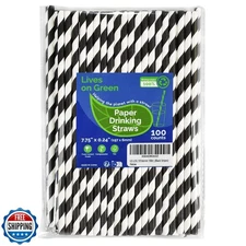 Lives on Green Black White Striped Biodegradable Paper Drinking Straws Unwrap