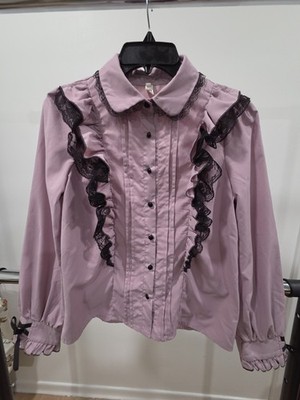 Jirai Kei Lavender Pink Black Lace Blouse Top Ribbbon Lace Up Japan Lolita 