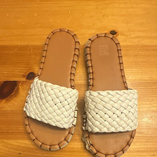 Women s White/Tan Slide Sandals Braided Strap Slip-On Flat Open Toe Solid