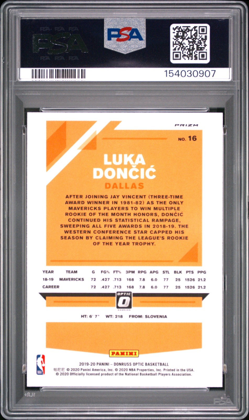 2019-20 Donruss Optic Luka Doncic Hyper Pink #16 PSA 10 GEM MT view 2