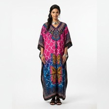 True Rock Pink & Black Butterfly Print Long Maxi Caftan Resort Dress NEW OS