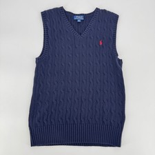 Polo Ralph Lauren Boys Cable Knit Sweater Vest Navy Blue Red Pony Size M 10-12 