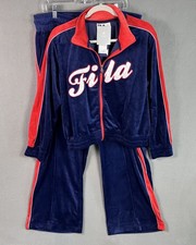 FILA Women's Velour Tracksuit 2 Piece Outfit Set Size 1X Navy Full Zip Logo NWT