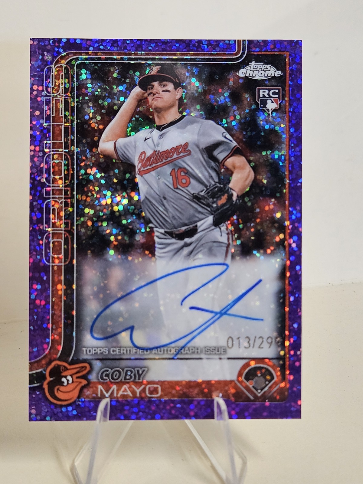 2025 Topps Chrome COBY MAYO Rookie Auto Purple Speckle #d 13 of 299 ORIOLES