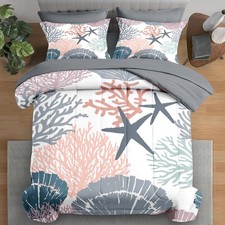 Comforter Set Queen Size, Sea Shells Coral Starfish 7 Pcs Bedding for Kids an...