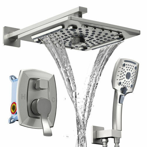 Shower Faucet Set Mixing Valve Trim Kit Brushed Nickel Rainfall Waterfall Shower
