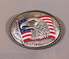 Patriotic Belt Buckle American Bald Eagle With US Flag In Background