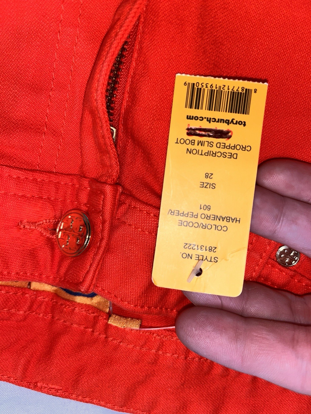 NWT Tory Burch red  cropped slim boot Cut jeans. Size 28. Inseam is 26.5” thumbnail 4