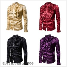 Men Faux Silk Satin Ruffle Shirt Tops Long Sleeve Fancy Clothes Victorian Retro