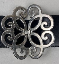 VTG 80s/90s Unbranded Black Leather Belt w/Ornate Silver Buckle Made In England