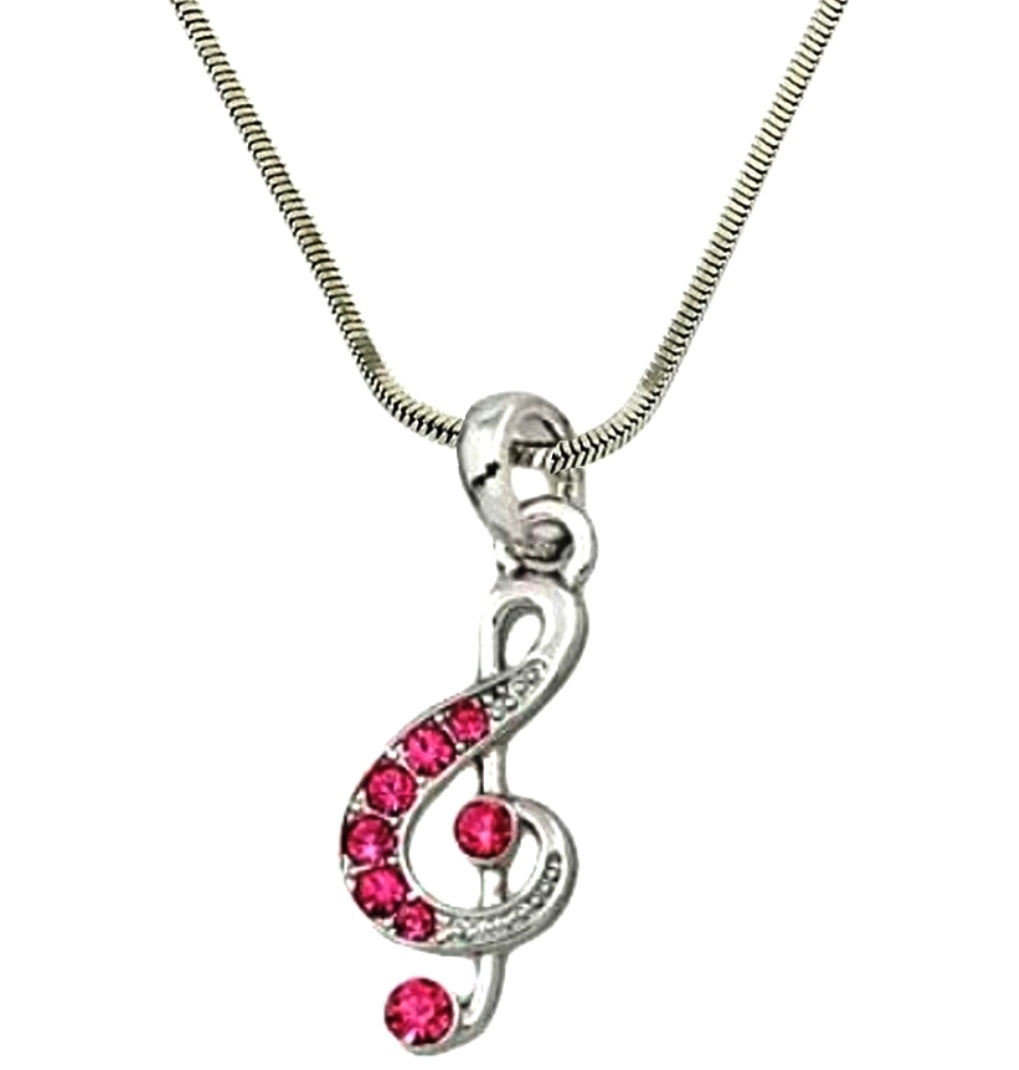 Pink Clef Note Silver Tone Pink Crystal Treble G Clef Music Note Necklace Fast ...
