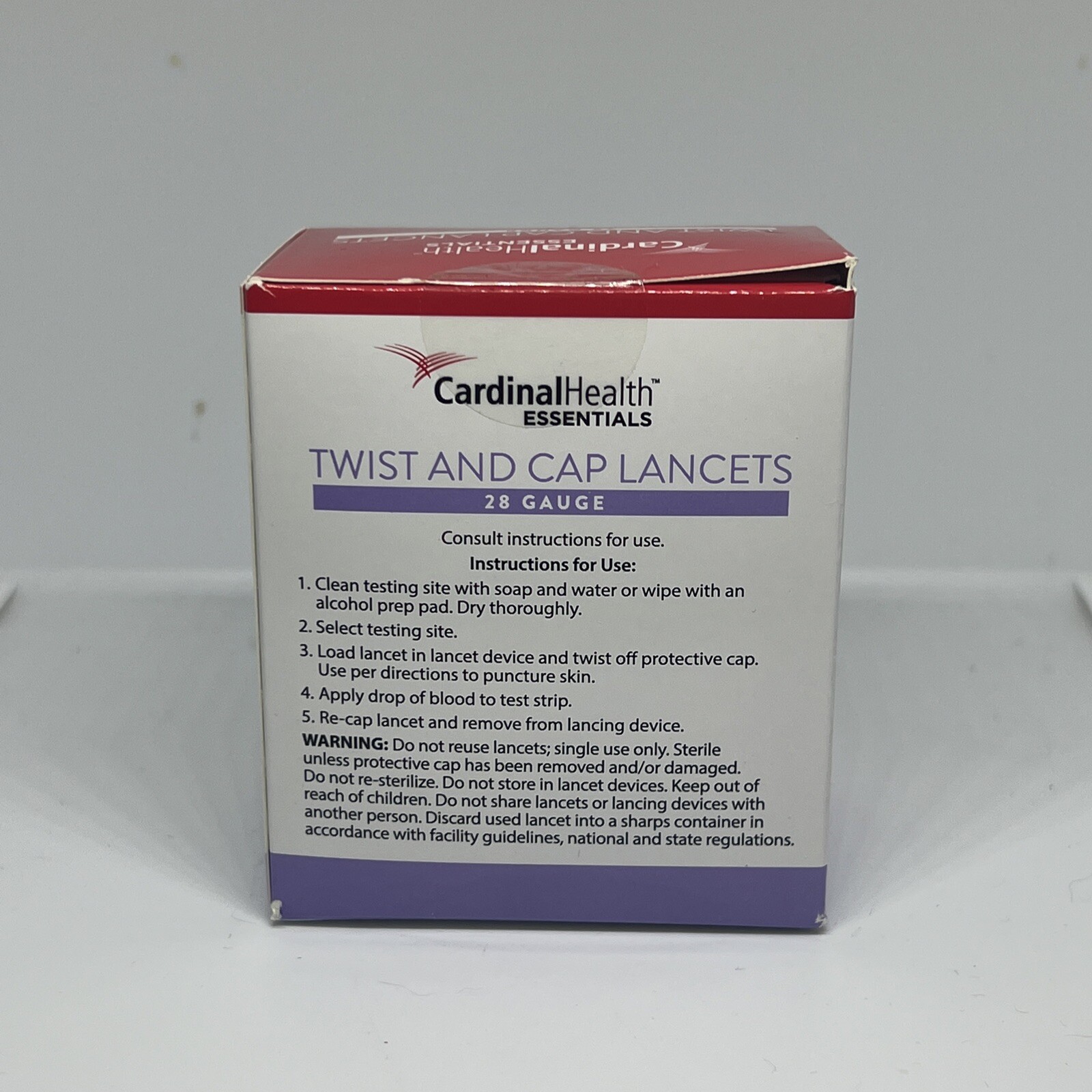 CARDINAL HEALTH ESSENTIALS™ Twist and Cap Lancets 28G Purple 100 COUNT Sealed