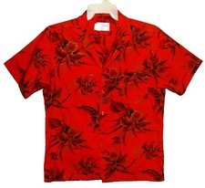 Vin 60's Sz L Royal Palm Hawaiian Aloha Shirt Red  Gold Tropical Floral Cotton